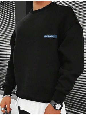 Erkek Siyah Oversize Celloheart Baskılı Bisiklet  Yaka Sweatshirt