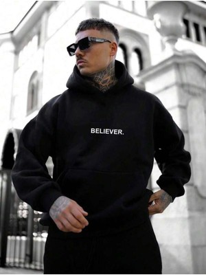 Erkek Siyah Believer Baskılı Oversize Sweatshirt