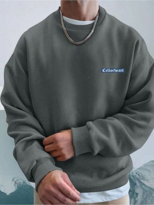 Erkek Nardogri Oversize Celloheart Baskılı Bisiklet  Yaka Sweatshirt