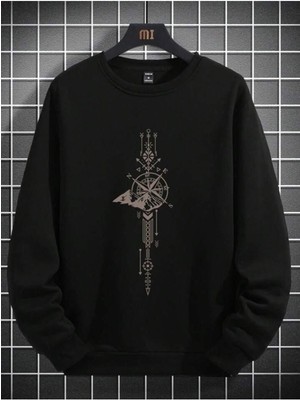 Unisex Siyah Pusula Baskılı Bisiklet Yaka Sweatshirt