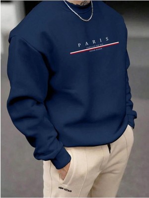 Erkek Lacivert Paris Baskılı Bisiklet Yaka Sweatshirt