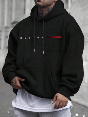 Erkek Siyah Boston Baskılı Sweatshirt