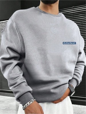 Erkek Gri Oversize Celloheart Baskılı Bisiklet  Yaka Sweatshirt