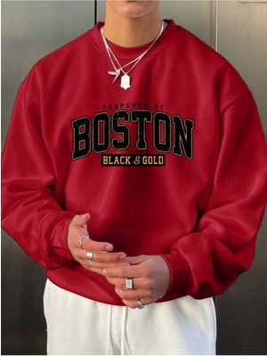 Erkek Kırmızı Boston Baskılı Oversize Sweatshirt