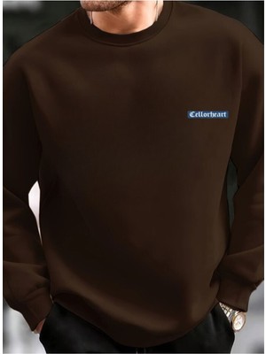Erkek Kahverengi Oversize Celloheart Baskılı Bisiklet  Yaka Sweatshirt