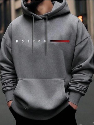 Erkek Koyu Gri Boston Baskılı Sweatshirt