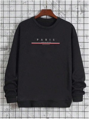 Erkek Siyah Paris Baskılı Sweatshirt Uzun Kol Bisiklet Yaka Rahat Tasarım