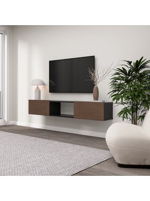 The FeHAN Onyx Duvara Monte 2 Kapaklı Tv Ünitesi ,tv Sehpası ,tv Duvar Ünitesi 180CM - Ahşap Siyah / Kaplan