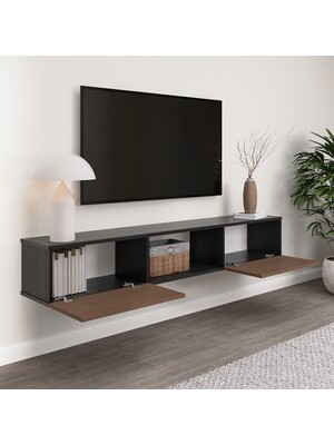 The FeHAN Onyx Duvara Monte 2 Kapaklı Tv Ünitesi ,tv Sehpası ,tv Duvar Ünitesi 180CM - Ahşap Siyah / Kaplan