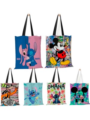 Shiyangshangmao1 1 Disney Kadın Tote Çanta Mickey Mouse Lilo ve Dikiş Kanvas Tote Büyük Kapasiteli Alışveriş Çantası Kız Omuz Çantası (Yurt Dışından)