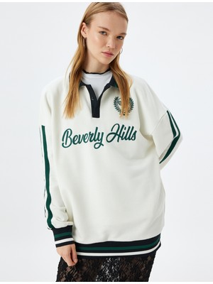 Koton Polo Yaka Sweatshirt Oversize Kolej Işlemeli Şerit Detaylı Düğmeli Şardonlu