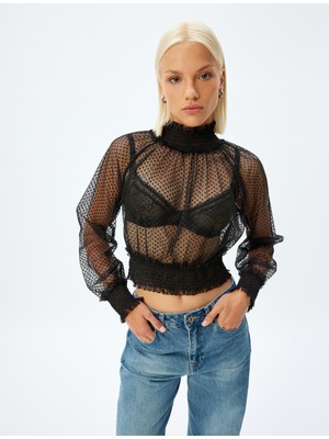 Koton Crop Tül Transparan Bluz Uzun Kollu Dik Yaka Manşetleri ve Beli Lastikli