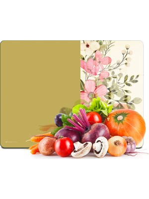 Decovetro Cam Kesme Tahtası ve Sunumluk ve Sunum Tabağı Vintage Hardal Pembe Çiçekler 30X40 cm