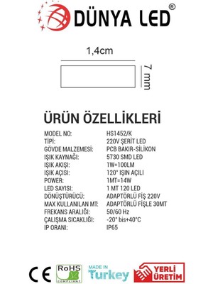 Meg Light Store 220V Trafosuz Kırmızı Şerit LED 100MT