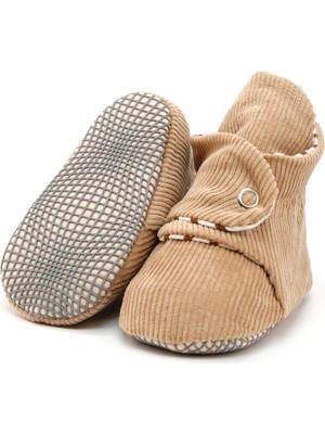 Ella Bonna Fitilli Kadife Bebek Pandufu, Kaydırmaz Taban, Çizgili Kreş Ayakkabısı, Organik Pamuk Patik, Bej