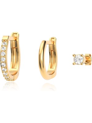 3 Boy Halka Tektaş Kombin Altın Kaplama Gümüş Küpe