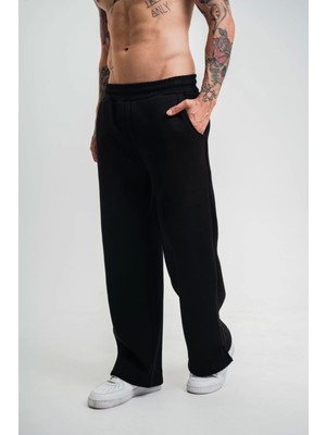 Unisex Boru Paça Baggy Eşofman Pantalon - Siyah