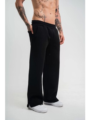 Unisex Boru Paça Baggy Eşofman Pantalon - Siyah