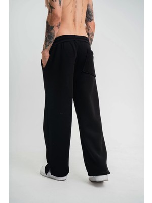 Unisex Boru Paça Baggy Eşofman Pantalon - Siyah