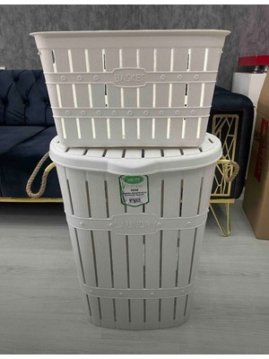 Bayev Beyaz Bambu Halatlı Kirli Çamaşır Sepeti ve Selesi Seti - 2'li Takım 57 L Bambu 50 x 40 Typ0 Plasti