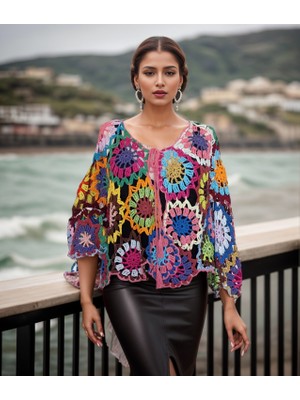 Hippybutik Çiçek Motifli Çok Renkli El Örgüsü Asimetrik Hırka