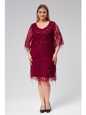 Büyük Beden V Yaka Saçak Pul Işlemeli  Abiye Elbise-Bordo