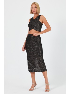 Sobasic Pırıltılı Kumaş Yırtmaç Detaylı Sırtı Fermuarlı  Crop Bluz ve  Etek Ikili Takım M - Bakır