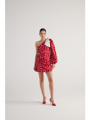 Puantiyeli Çıkarılabilir Kurdele Aksesuarlı Tek Kollu Mini Polka Elbise Kırmızı