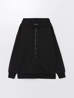 LC Waikiki Xsıde yeni Siyah Kapüşonlu Oversize Kadın Fermuarlı Sweatshirt