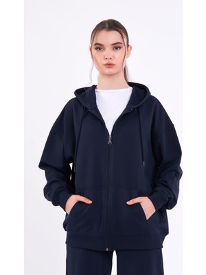 Lacivert Kanguru Cepli Kapüşonlu Fermuarlı Oversize Kadın Sweatshirt