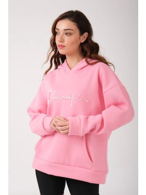 Unisex Oversize Pembe Nakışlı Kapüşonlu 3 Iplik Sweatshirt