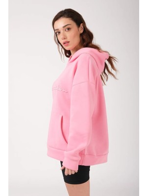 Unisex Oversize Pembe Nakışlı Kapüşonlu 3 Iplik Sweatshirt