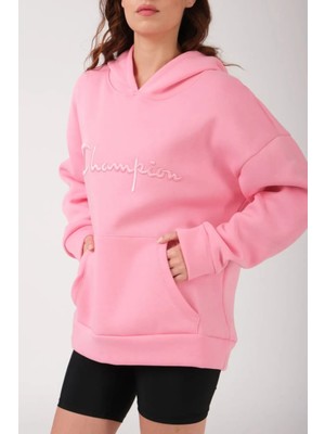 Unisex Oversize Pembe Nakışlı Kapüşonlu 3 Iplik Sweatshirt