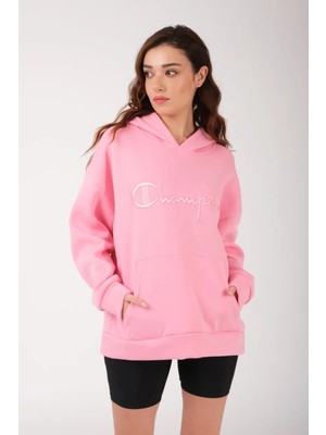 Unisex Oversize Pembe Nakışlı Kapüşonlu 3 Iplik Sweatshirt