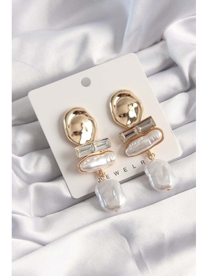 Clariss Pirinç Gold Renk Beyaz Inci Taşlı Ezme Model Küpe