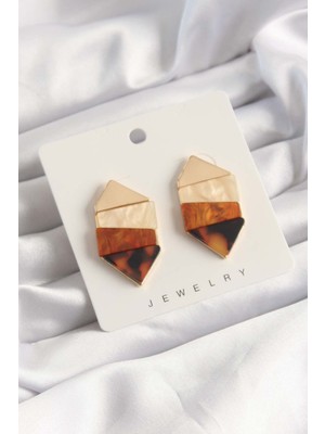 Clariss Pirinç Bej Kahve Renkli Desenli Geometrik Küpe