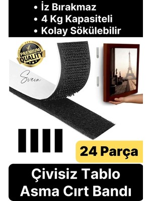 Svein Premium Çivisiz Resim Çerçeve Iz Bırakmaz Sökülebilen Tablo Asma Bandı 24'lü Set Cırt Bant Yapışkan