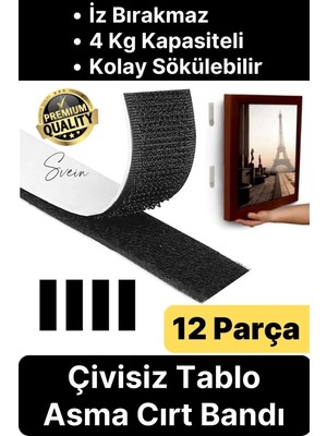 Svein Premium Çivisiz Resim Çerçeve Iz Bırakmaz Sökülebilen Tablo Asma Bandı 12'li Set Cırt Bant Yapışkan