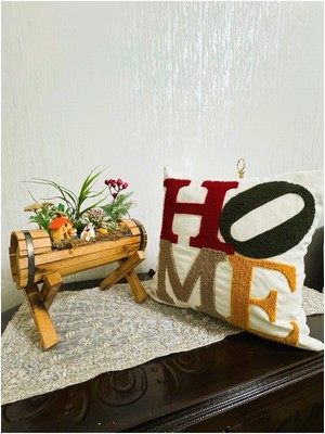Woodhub Hd Home Collection Keten Kumaş Home Desen Işlemeli Punch Kırlent Kılıfı
