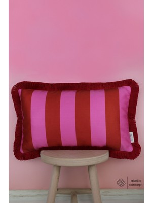 Woodhub Kırmızı Püsküllü, Pembe-Kırmızı Şerit Desen, Dekoratif 30X50 cm Dikdörtgen Kırlent Kılıfı