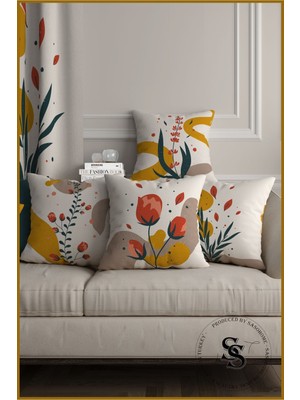 Woodhub Krem Zemin Üzerine Kırmızı Hardal Çiçekler Desenli Dijital Baskılı 4 Lü Kadife Kırlent Kılıfı