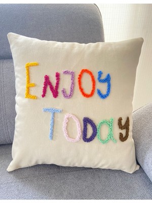Woodhub Handmade (El Yapımı) Enjoy Today Yıkanmış Keten Renkli Motto Punch Kırlent Yastık Kılıfı 42X42 cm