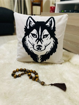 Woodhub Punch Nakış Işleme Kırlent Kılıfı,siyah Beyaz Kurt Deseni 40X40