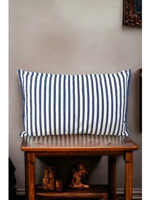Woodhub Modern Lacivert Çizgili Pamuklu Dekoratif 30X50 cm Tek Yastık / Kırlent Kılıfı