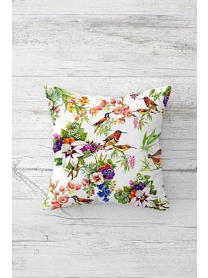 Woodhub Renkli Çiçekler Sinek Kuşu Çift Tarafı Baskılı Gizli Fermuarlı Kırlent Koltuk Yastık Kılıfı