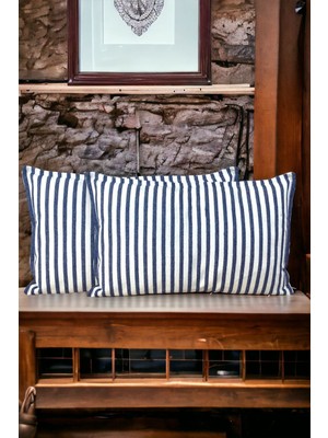 Woodhub Modern 2'li Lacivert Çizgili Pamuklu Dekoratif 30X50 cm Yastık/kırlent Kılıfı