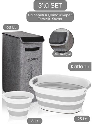 Tekno Trust Kapaklı Keçe Çamaşır Sepeti Katlanır Saklama Selesi 3'lü Set Gri 25X40X60CM-25LT Çamaşır Selesi-Kov