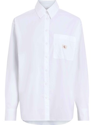 Calvin Klein Jeans Standart Gömlek Yaka Nakışlı Beyaz Kadın Gömlek Woven Label Relaxed Shırt