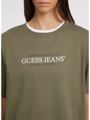 Guess Jeans Bisiklet Yaka Desenli Haki Kadın T-Shirt Gj Ss Cn Os Amerıcan - Organıc Cott