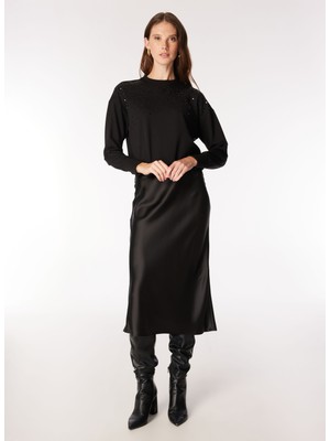 Fabrika Bisiklet Yaka Payetli Siyah Kadın Sweatshırt F4WL-SWT0130